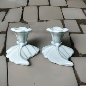 Pair Of Vintage Haeger Pottery Leaf Candle Holders Light Blue